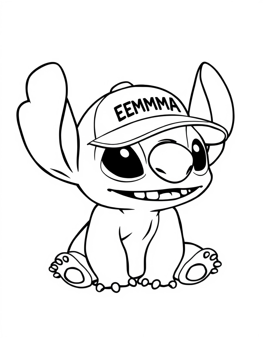 A cute Stitch with a cap that has the name 'EMMA' on it