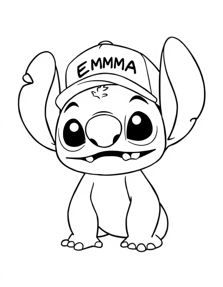 A cute Stitch with a cap that has the name 'EMMA' on it