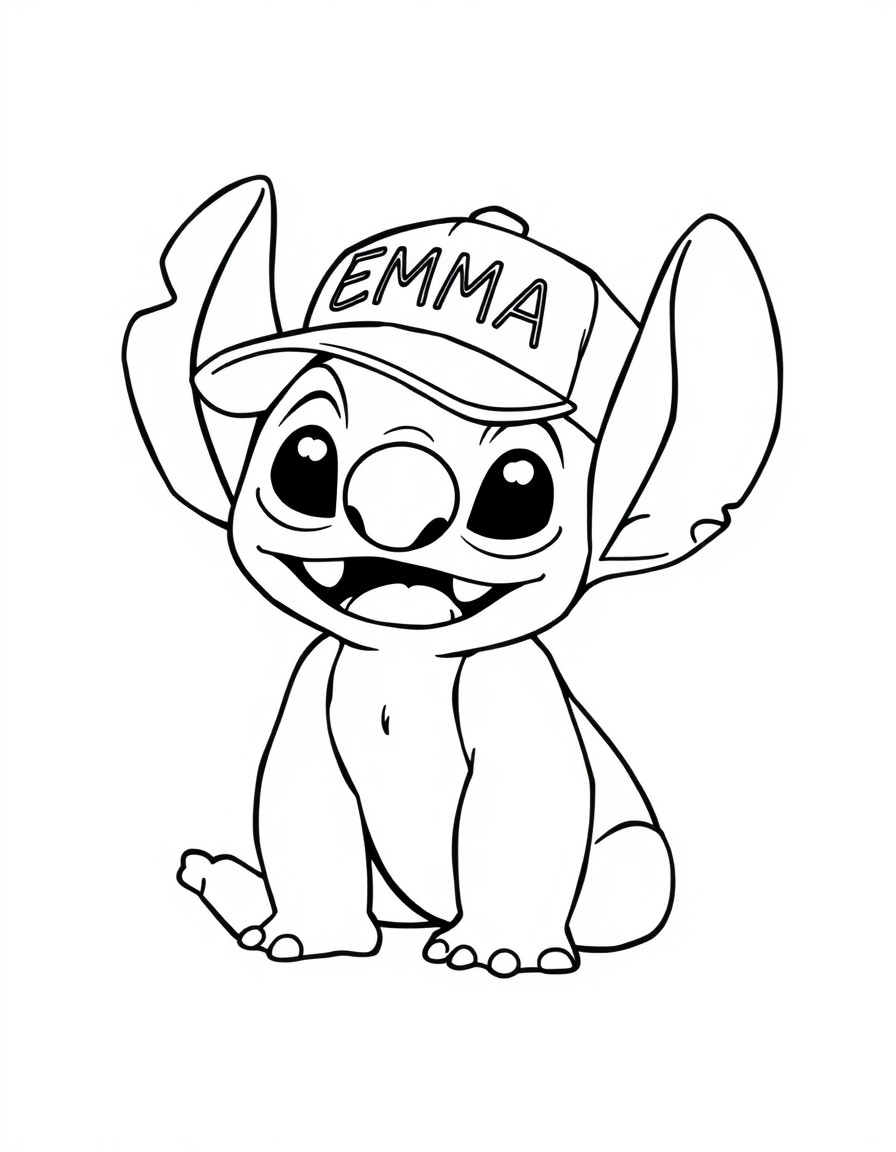 A cute Stitch with a cap that has the name 'EMMA' on it