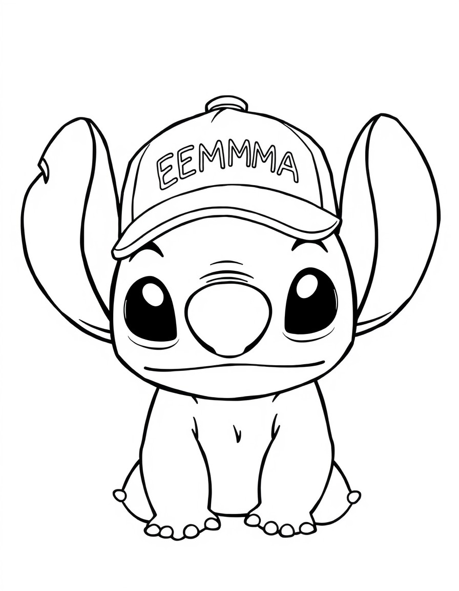 A cute Stitch with a cap that has the name 'EMMA' on it