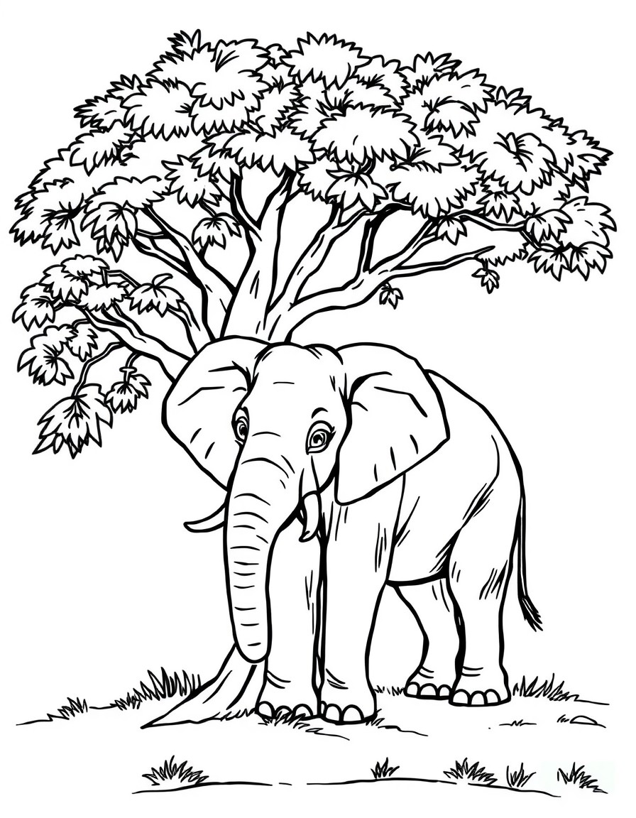 elephant under a tree colouring page