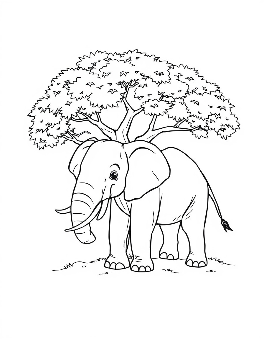 elephant under a tree colouring page