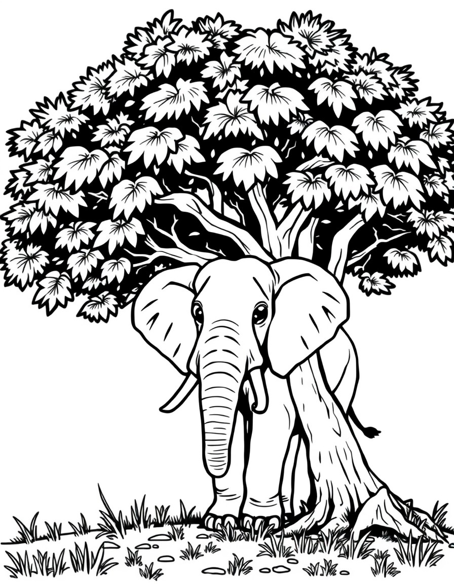 elephant under a tree colouring page