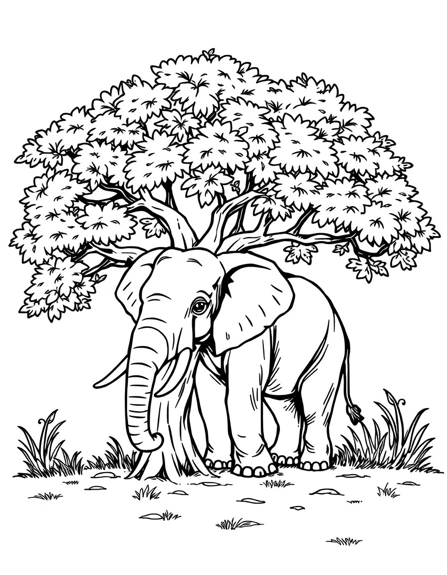 elephant under a tree colouring page