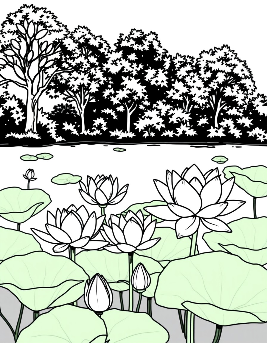 lotus flowers in a pond some trees