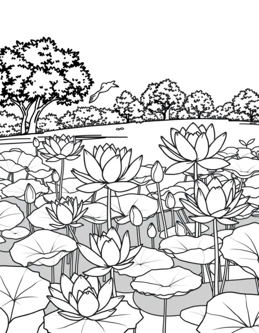 lotus flowers in a pond some trees