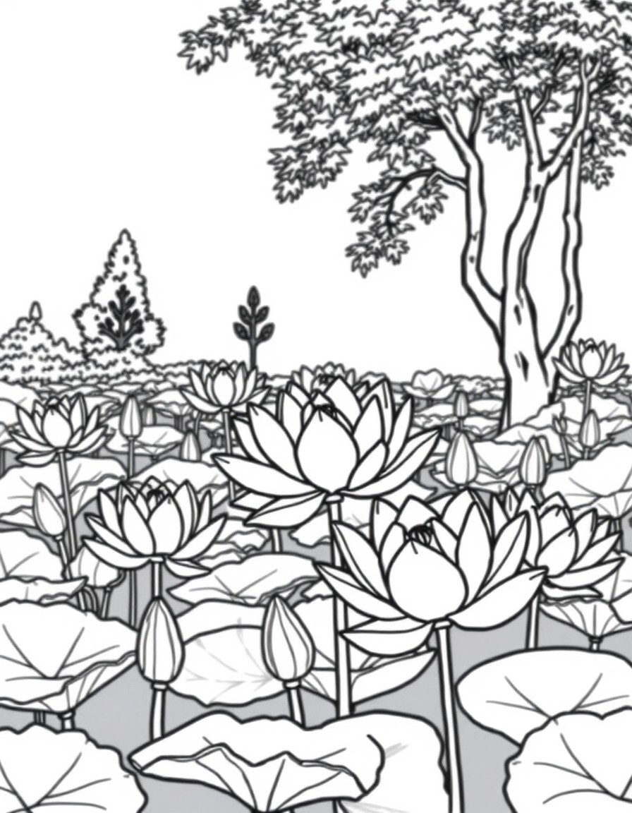 lotus flowers in a pond some trees