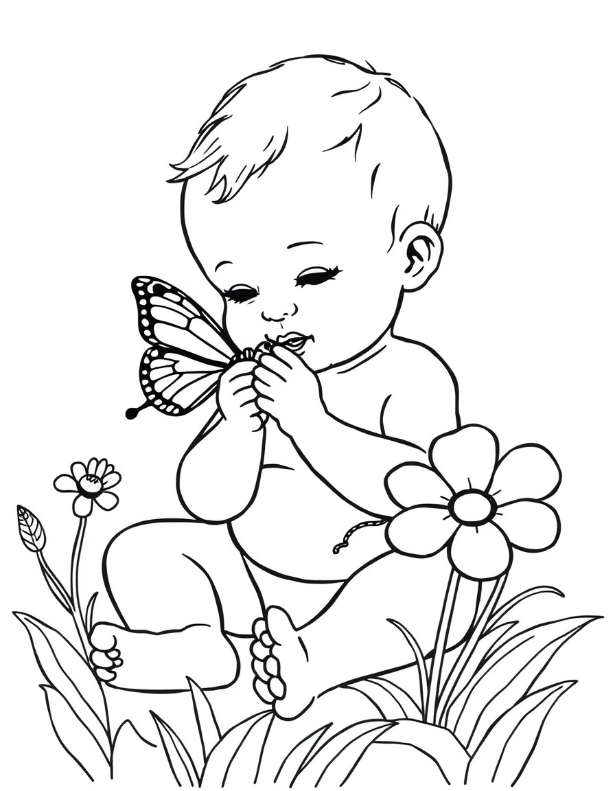 A baby is playing with colored bug, and a butterfly is around the baby. A flower is side to the baby