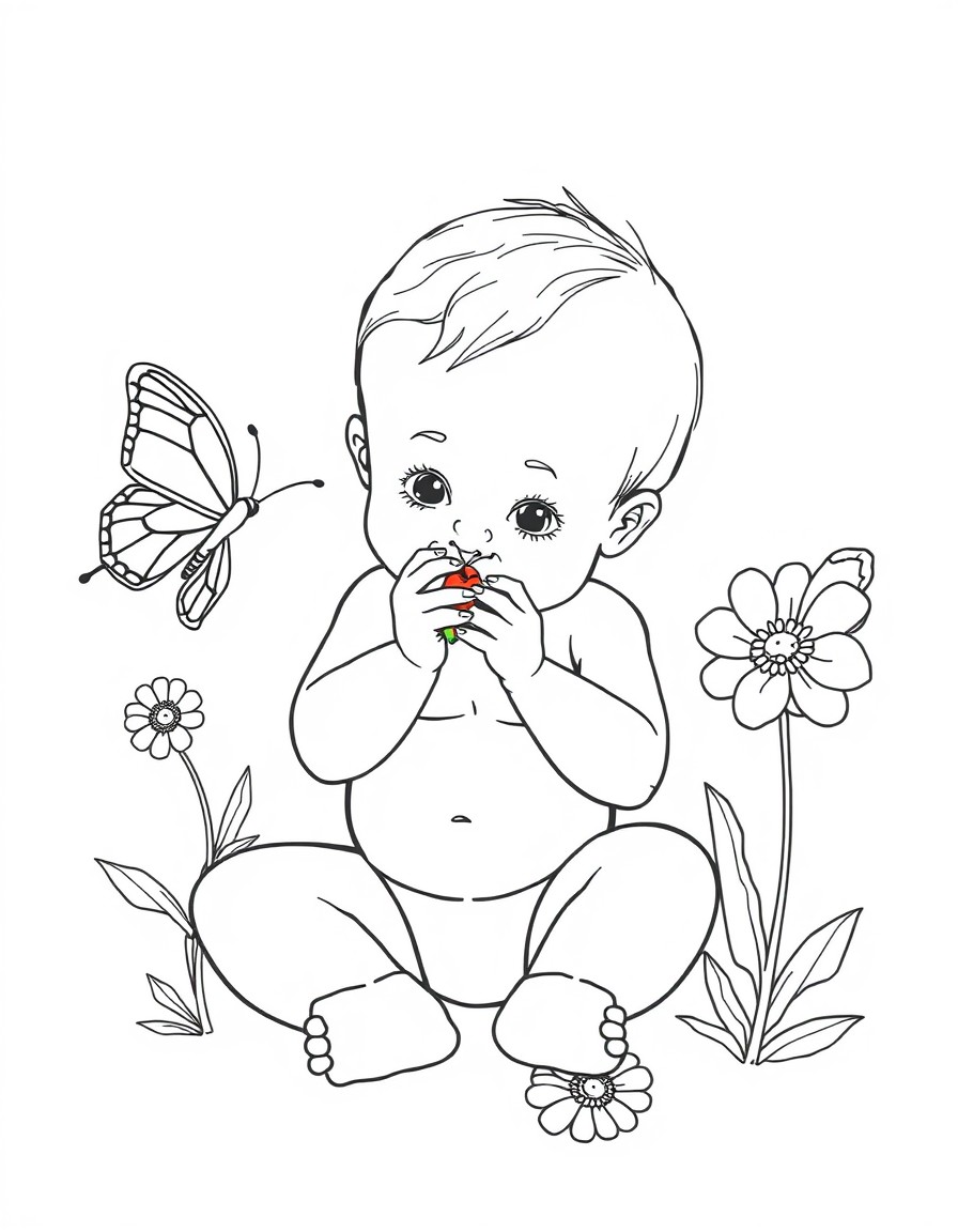 A baby is playing with colored bug, and a butterfly is around the baby. A flower is side to the baby