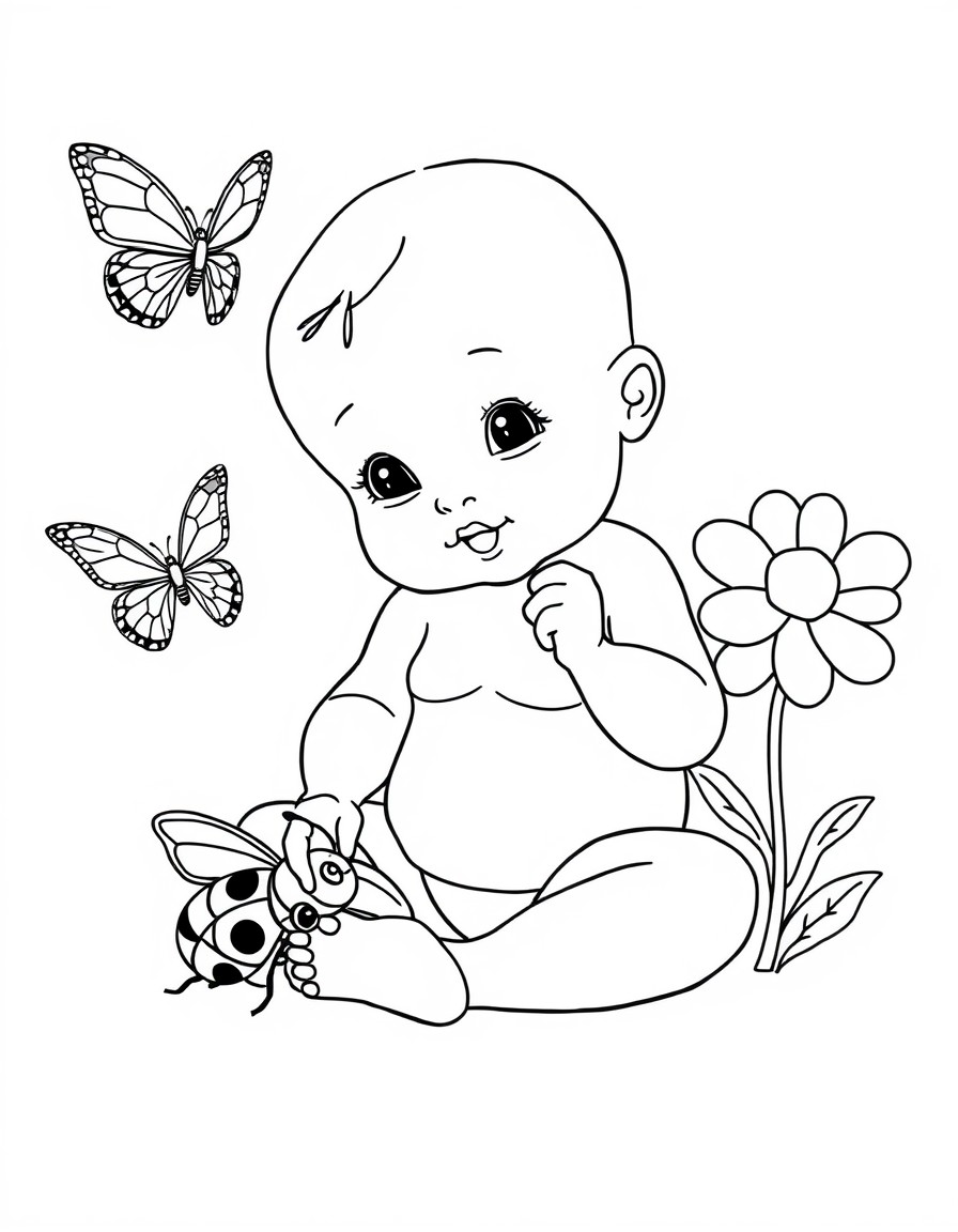 A baby is playing with colored bug, and a butterfly is around the baby. A flower is side to the baby