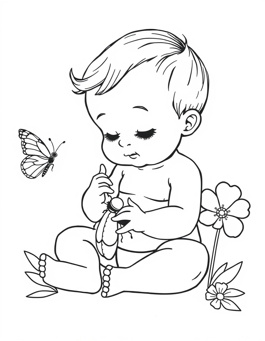 A baby is playing with colored bug, and a butterfly is around the baby. A flower is side to the baby