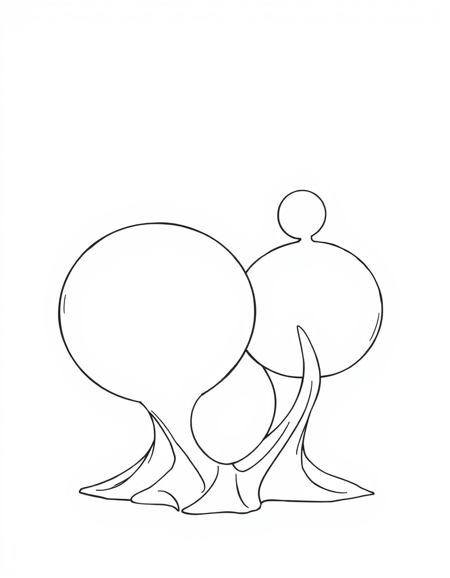 Two orb-like figures sculpted from a metallic-appearing