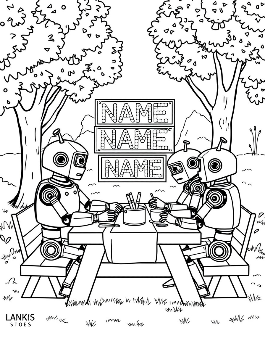 A group of robots having a picnic in a park with a digital sign reading 'NAME'