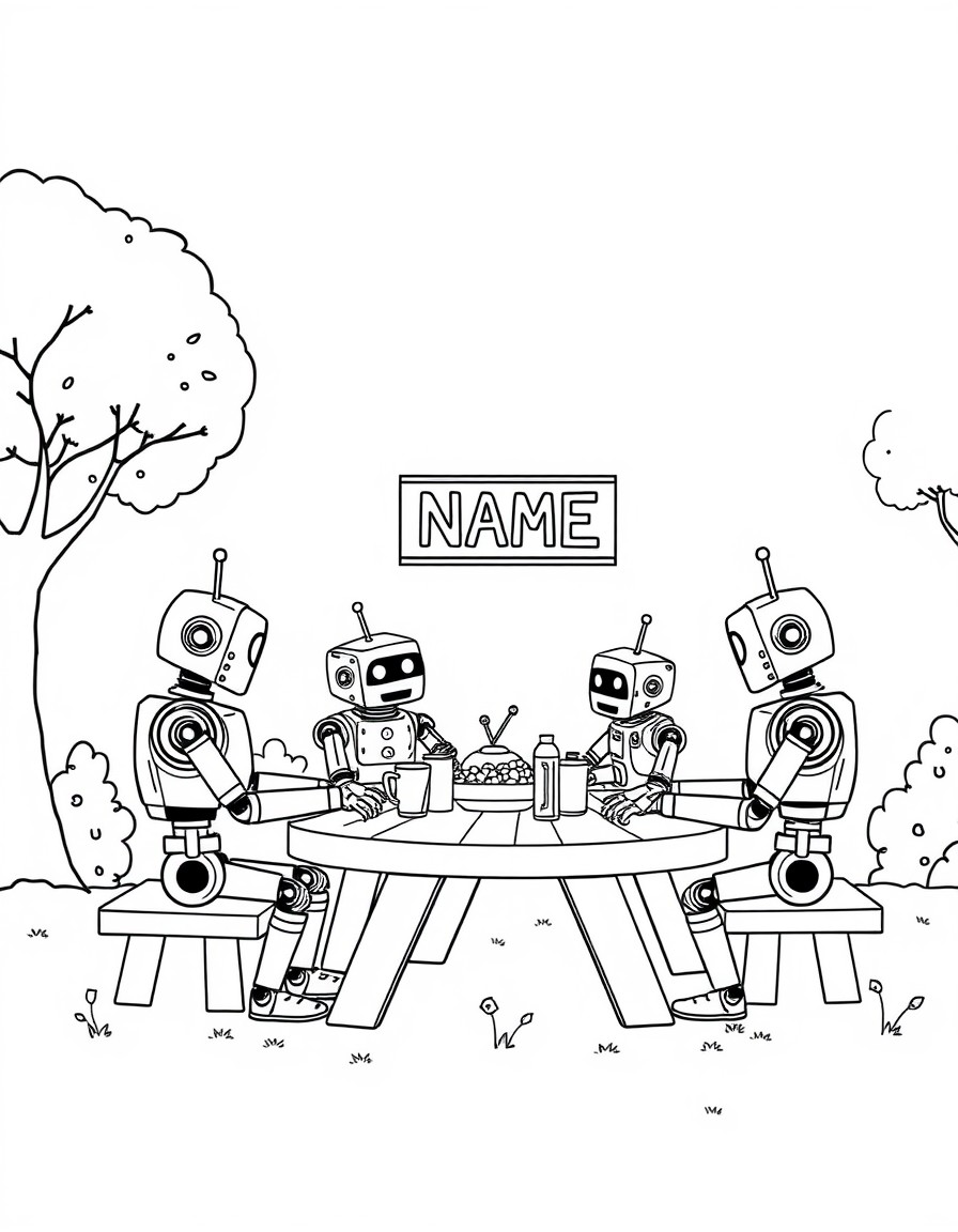 A group of robots having a picnic in a park with a digital sign reading 'NAME'