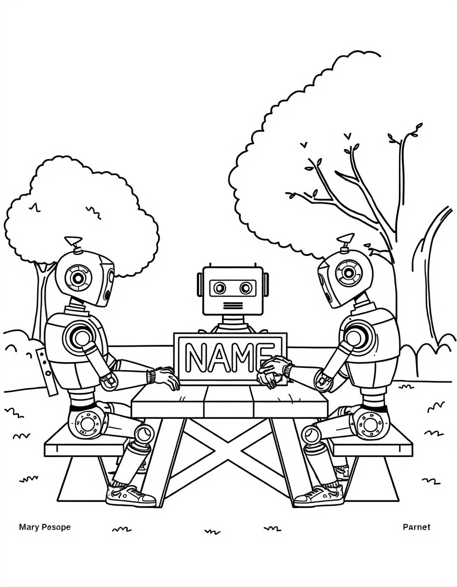 A group of robots having a picnic in a park with a digital sign reading 'NAME'