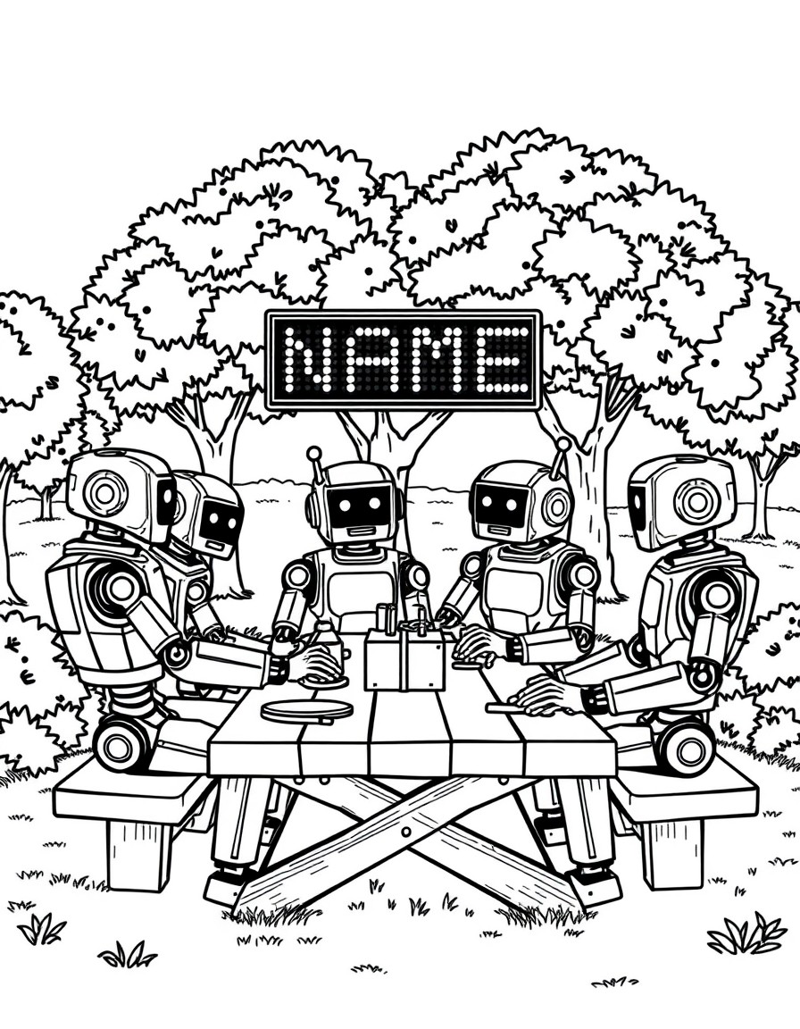 A group of robots having a picnic in a park with a digital sign reading 'NAME'