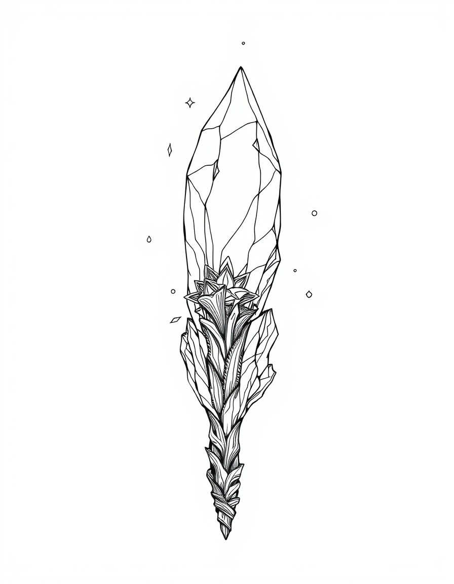 A mystical wand embedded in a floating crystal, pulsing with ancient energy.