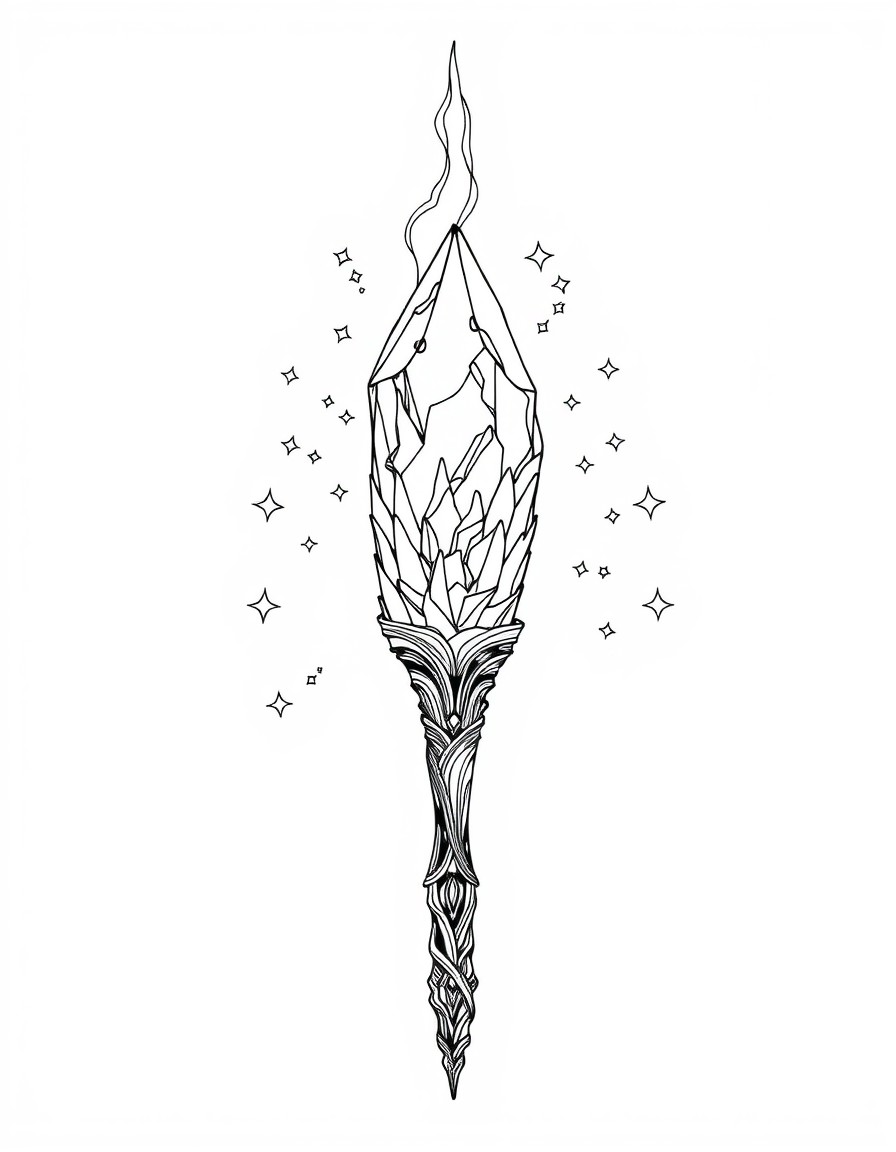 A mystical wand embedded in a floating crystal, pulsing with ancient energy.