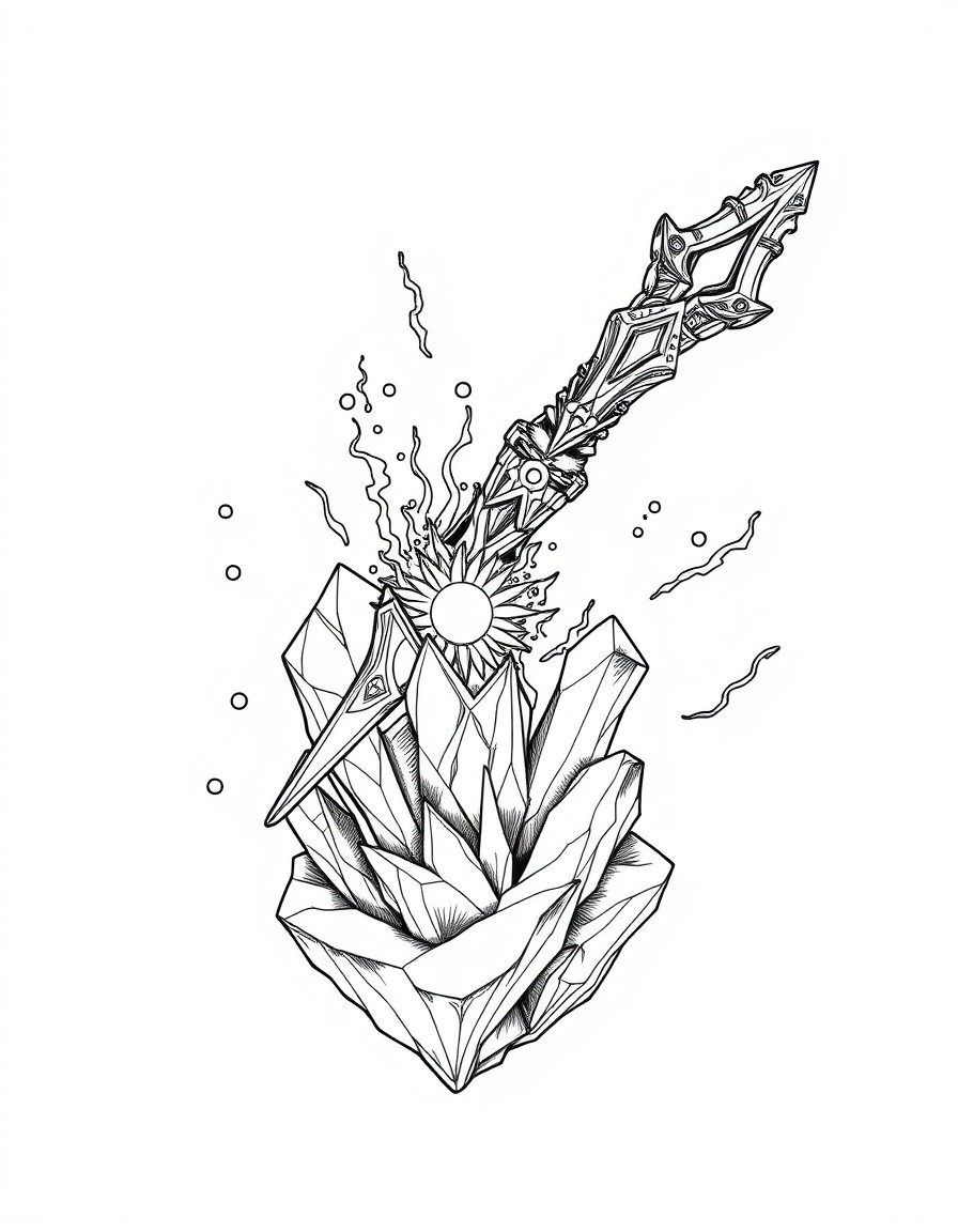 A mystical wand embedded in a floating crystal, pulsing with ancient energy.