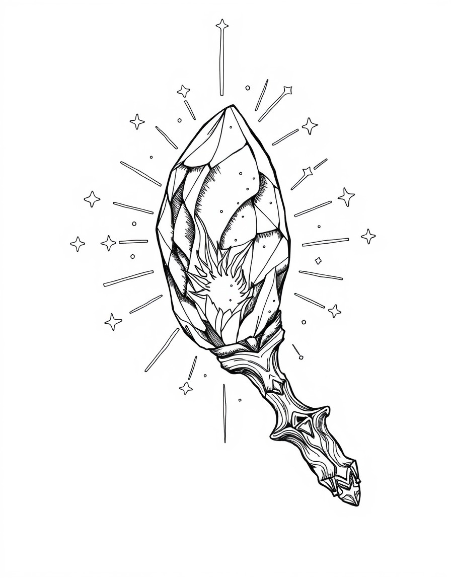 A mystical wand embedded in a floating crystal, pulsing with ancient energy.