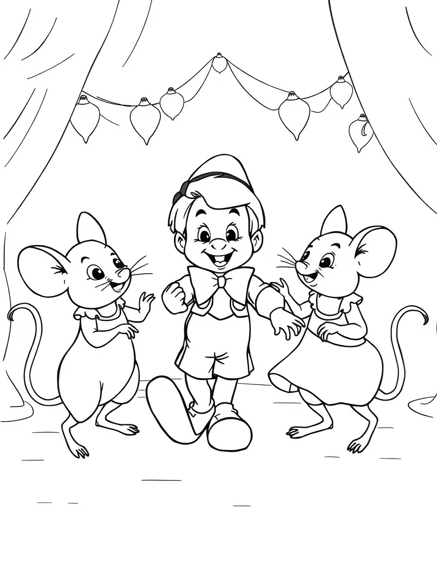 pinocchio and the three blind mice having a dance party