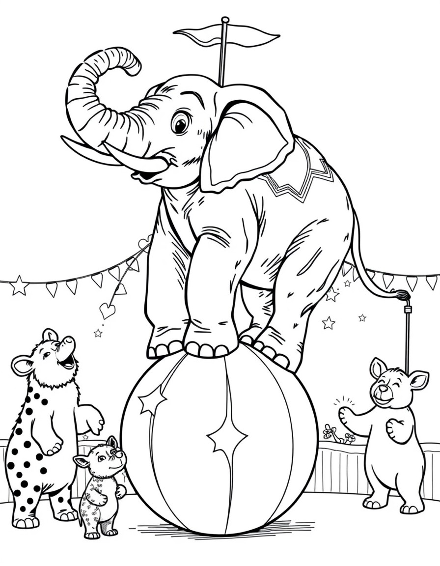 A circus elephant balancing on a big ball while other animals cheer it on