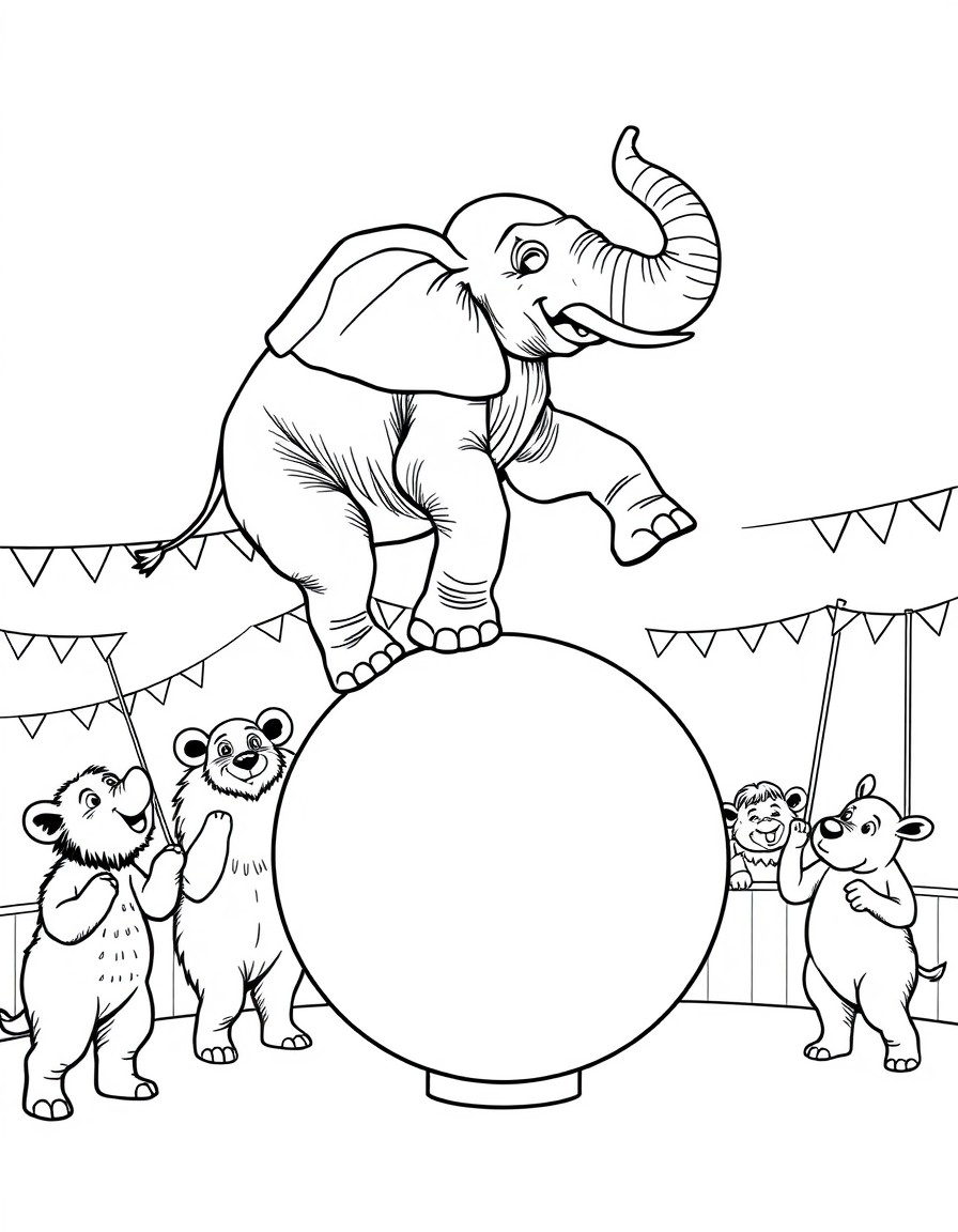 A circus elephant balancing on a big ball while other animals cheer it on