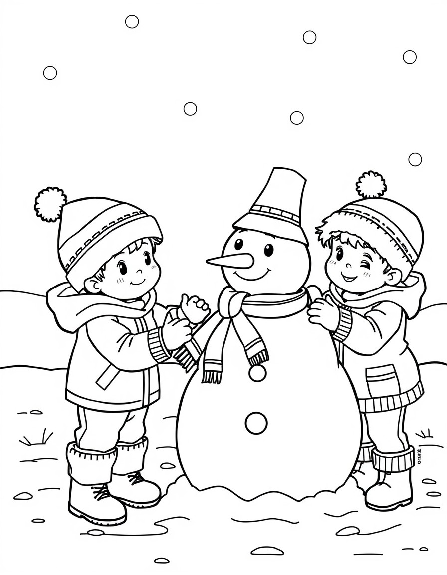 Two small children are building a snowman