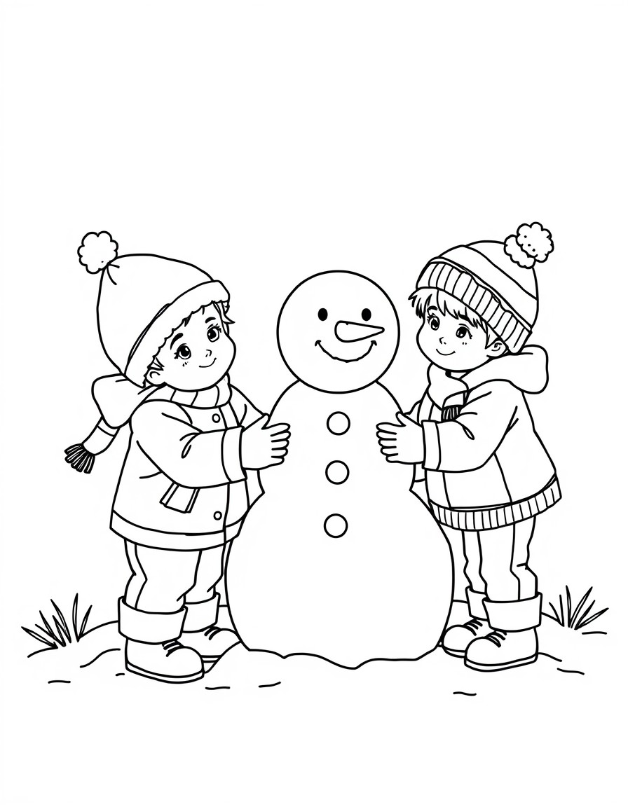Two small children are building a snowman