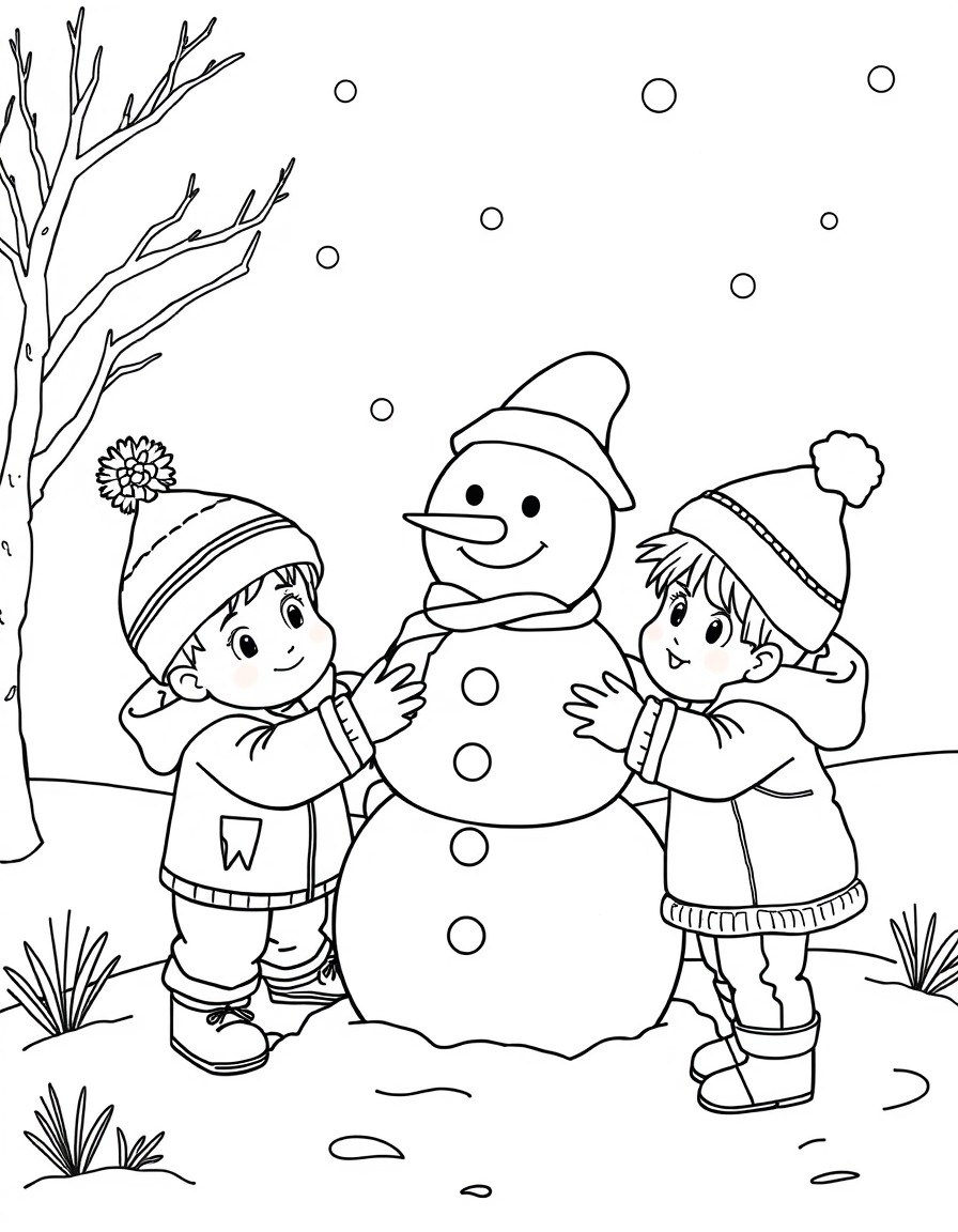 Two small children are building a snowman