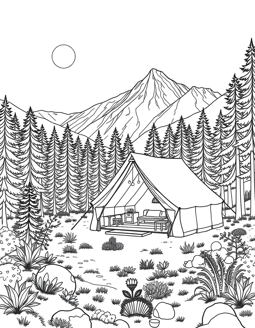 "Visualize an exclusive, serene luxury camping glamping retreat nestled in a secluded, wild landscapethink a lush alpine forest, a remote desert oasis, or a misty mountain valley at dusk. The scen