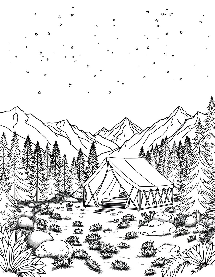 "Visualize an exclusive, serene luxury camping glamping retreat nestled in a secluded, wild landscapethink a lush alpine forest, a remote desert oasis, or a misty mountain valley at dusk. The scen