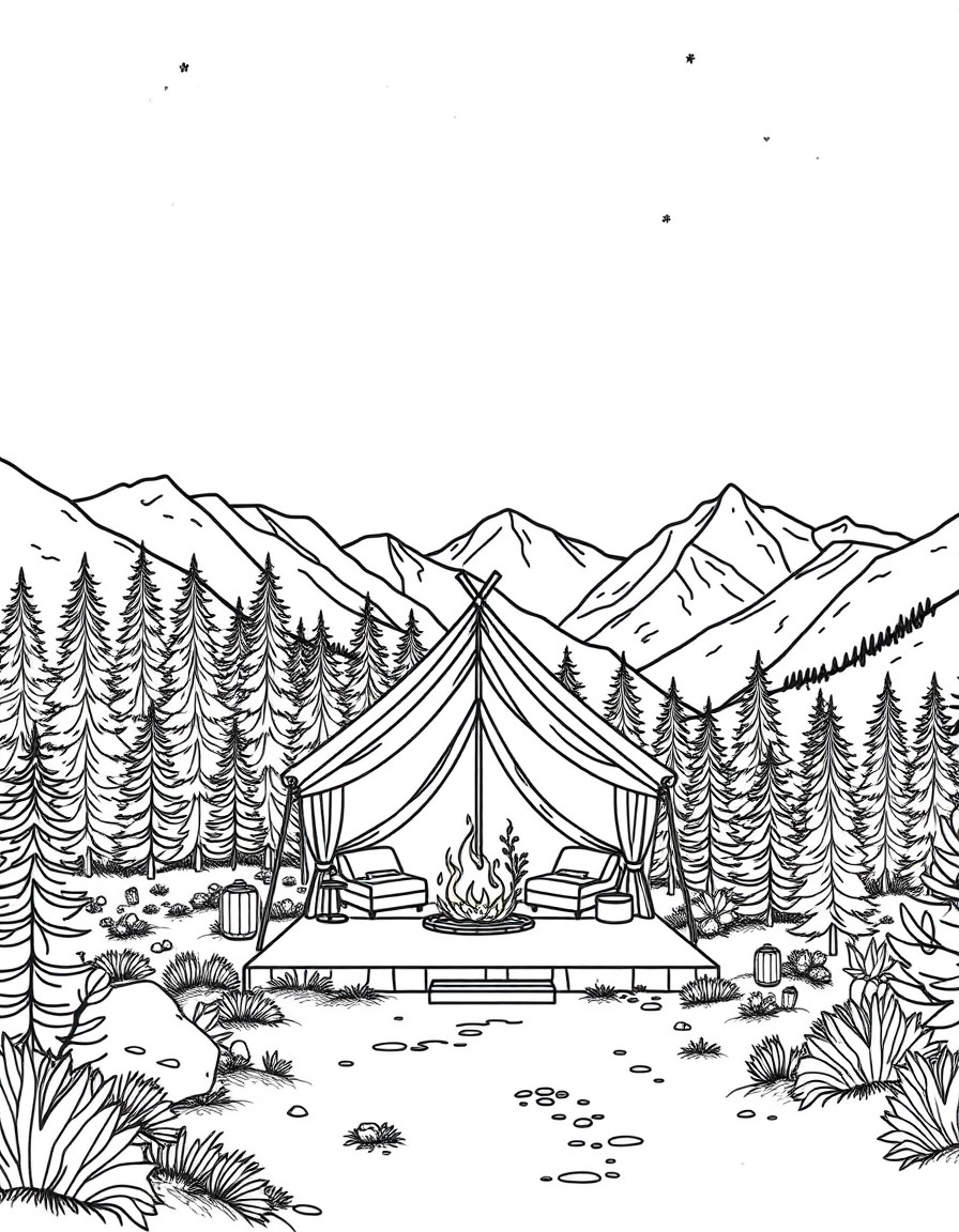 "Visualize an exclusive, serene luxury camping glamping retreat nestled in a secluded, wild landscapethink a lush alpine forest, a remote desert oasis, or a misty mountain valley at dusk. The scen