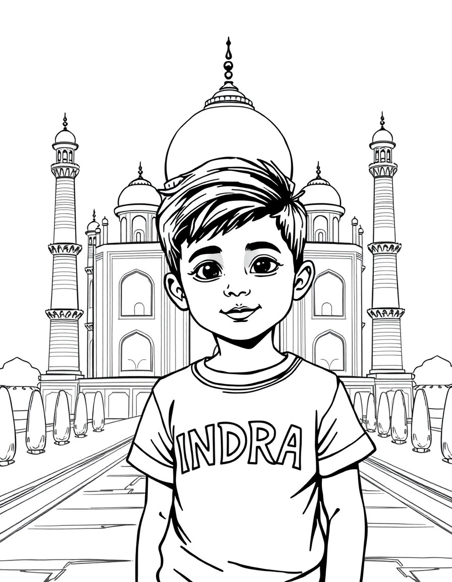 cute little boy in front of taj mahal with INDRA written on his t shirt