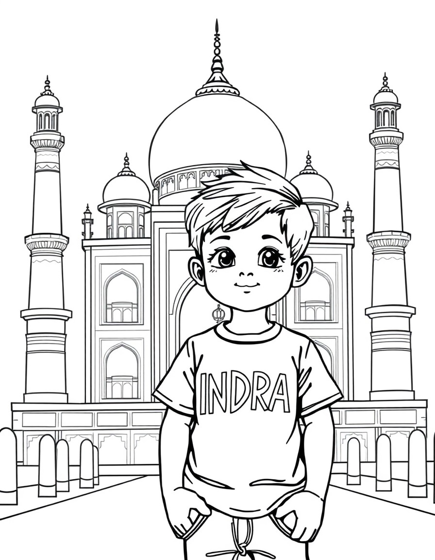 cute little boy in front of taj mahal with INDRA written on his t shirt
