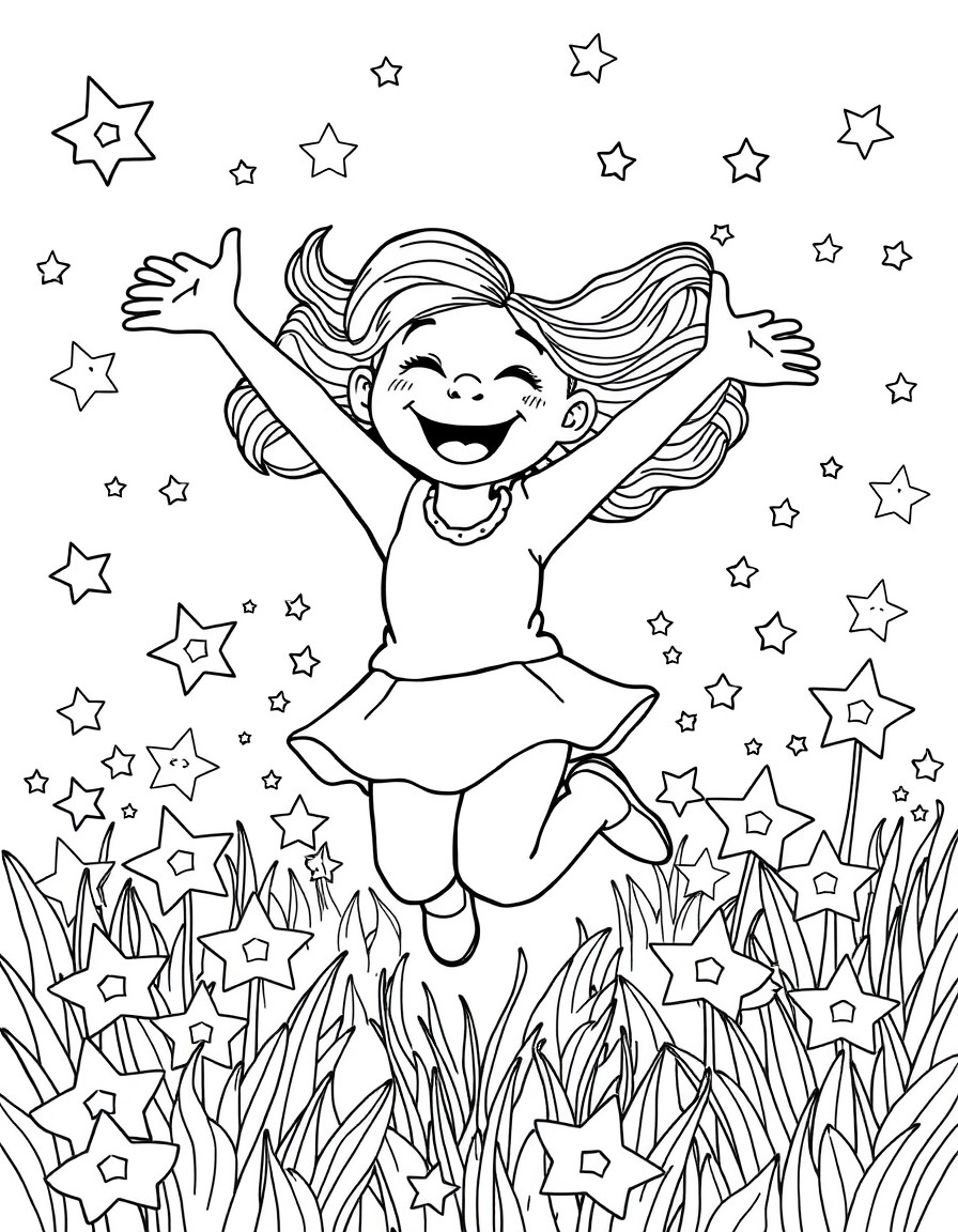 Joy happily jumping in a field of stars with a big smile on her face.