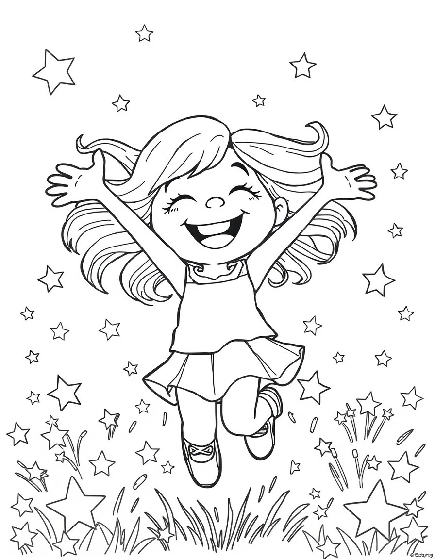 Joy happily jumping in a field of stars with a big smile on her face.