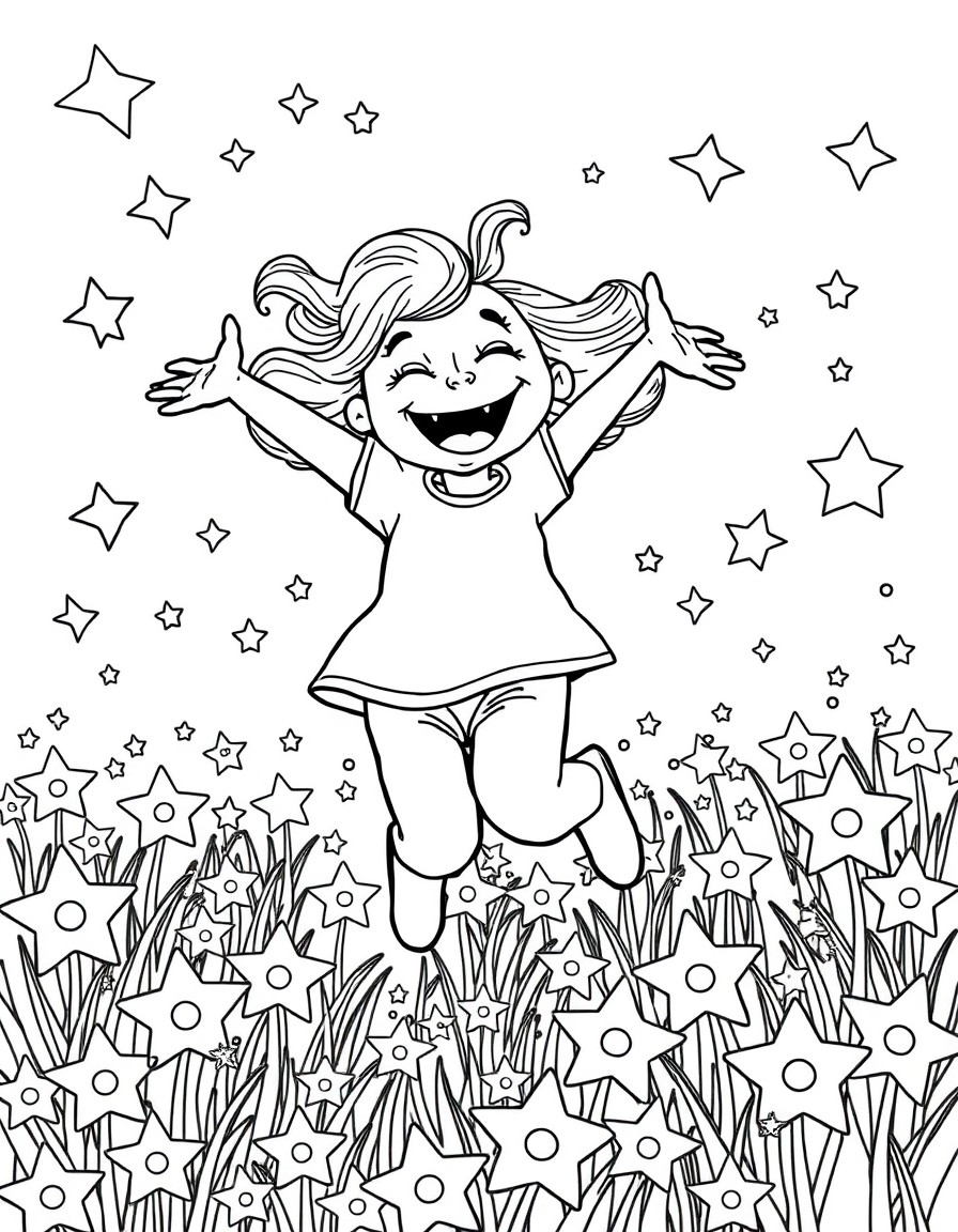 Joy happily jumping in a field of stars with a big smile on her face.