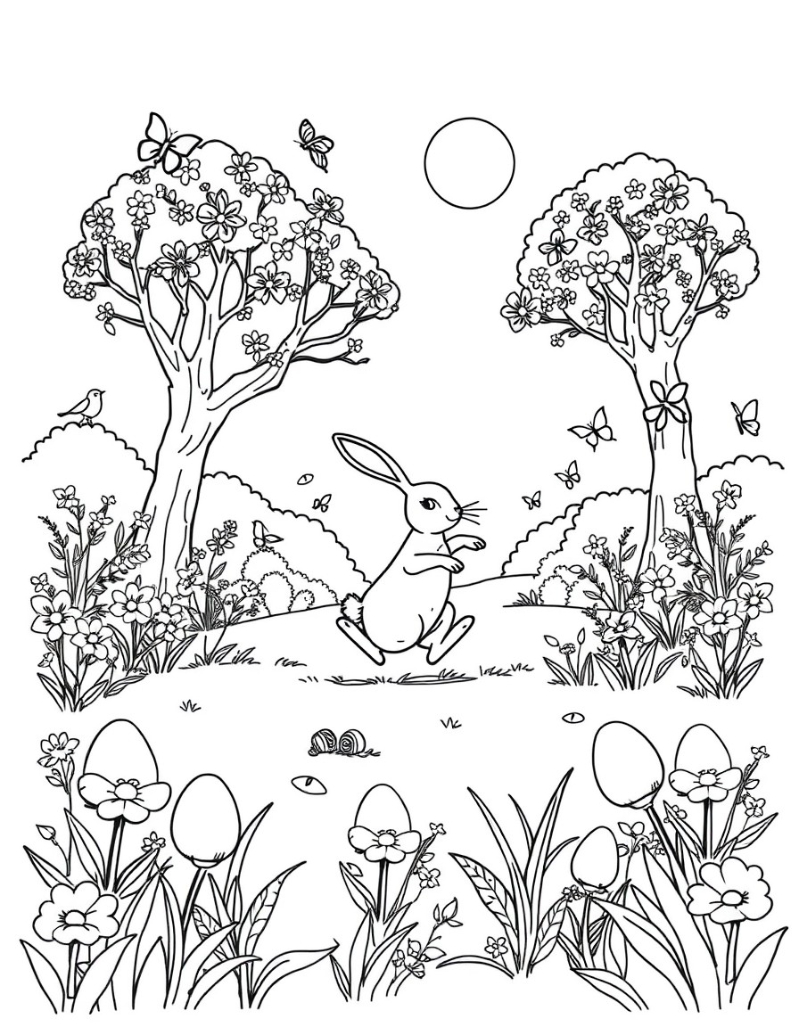 Cute spring picture. Forest or field, trees that have flowers, flowers growing on the ground. Butterflies, birds, easter eggs, a hare jumping in the bacground. Sun is shining