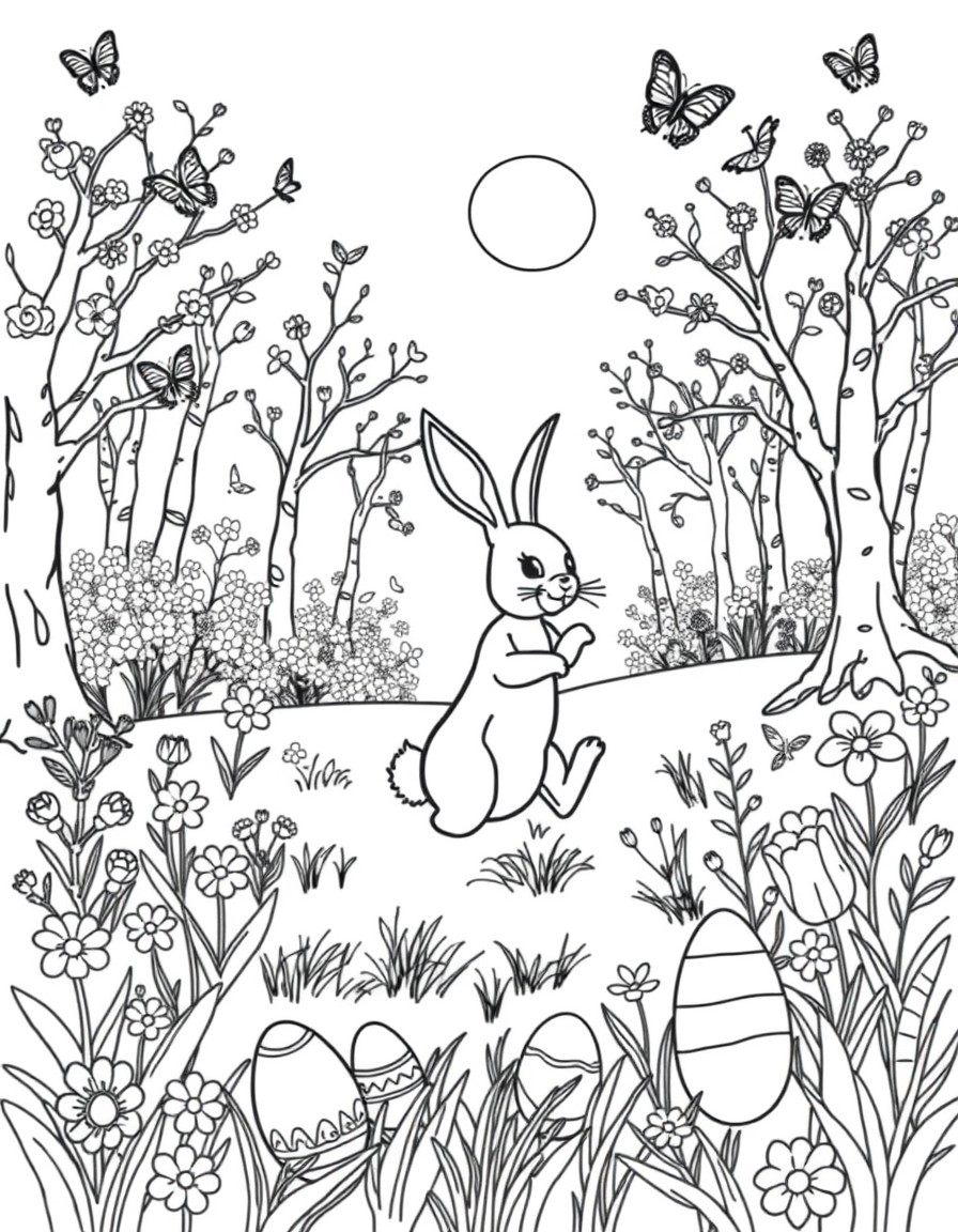 Cute spring picture. Forest or field, trees that have flowers, flowers growing on the ground. Butterflies, birds, easter eggs, a hare jumping in the bacground. Sun is shining