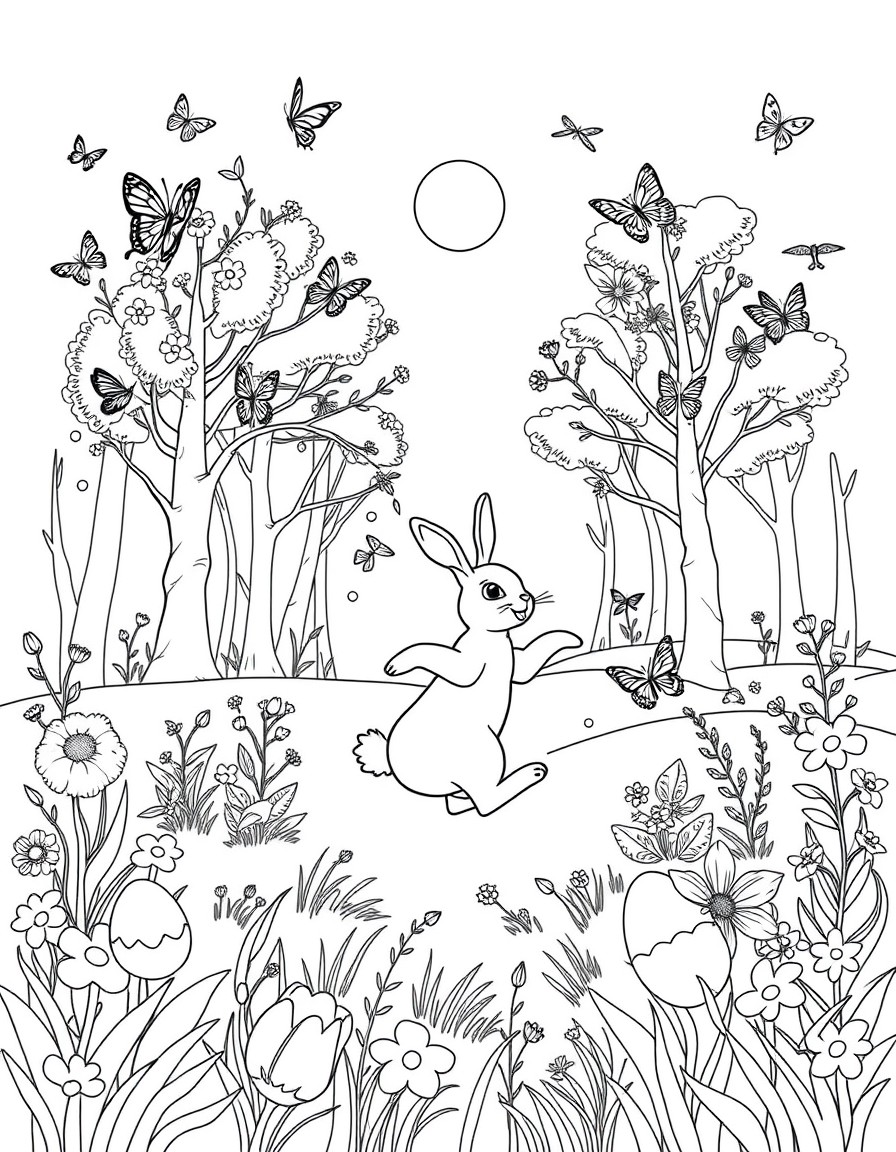 Cute spring picture. Forest or field, trees that have flowers, flowers growing on the ground. Butterflies, birds, easter eggs, a hare jumping in the bacground. Sun is shining