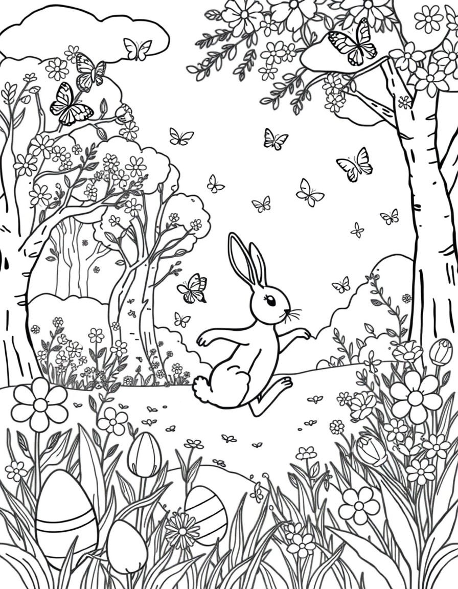 Cute spring picture. Forest or field, trees that have flowers, flowers growing on the ground. Butterflies, birds, easter eggs, a hare jumping in the bacground. Sun is shining