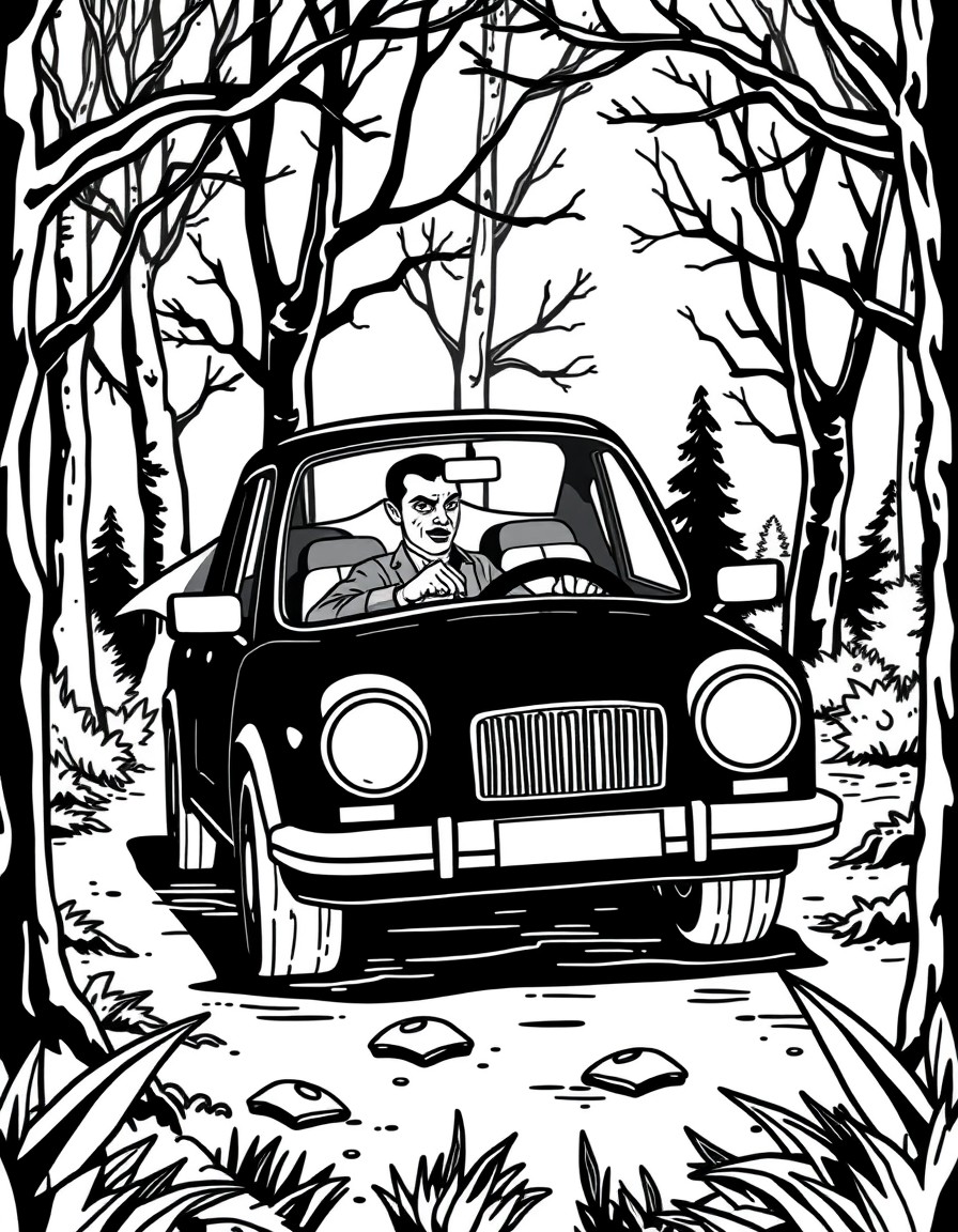 A vampire driving a car parked at night in the woods.