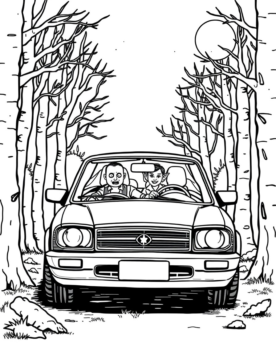 A vampire driving a car parked at night in the woods.