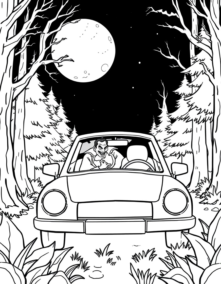 A vampire driving a car parked at night in the woods.