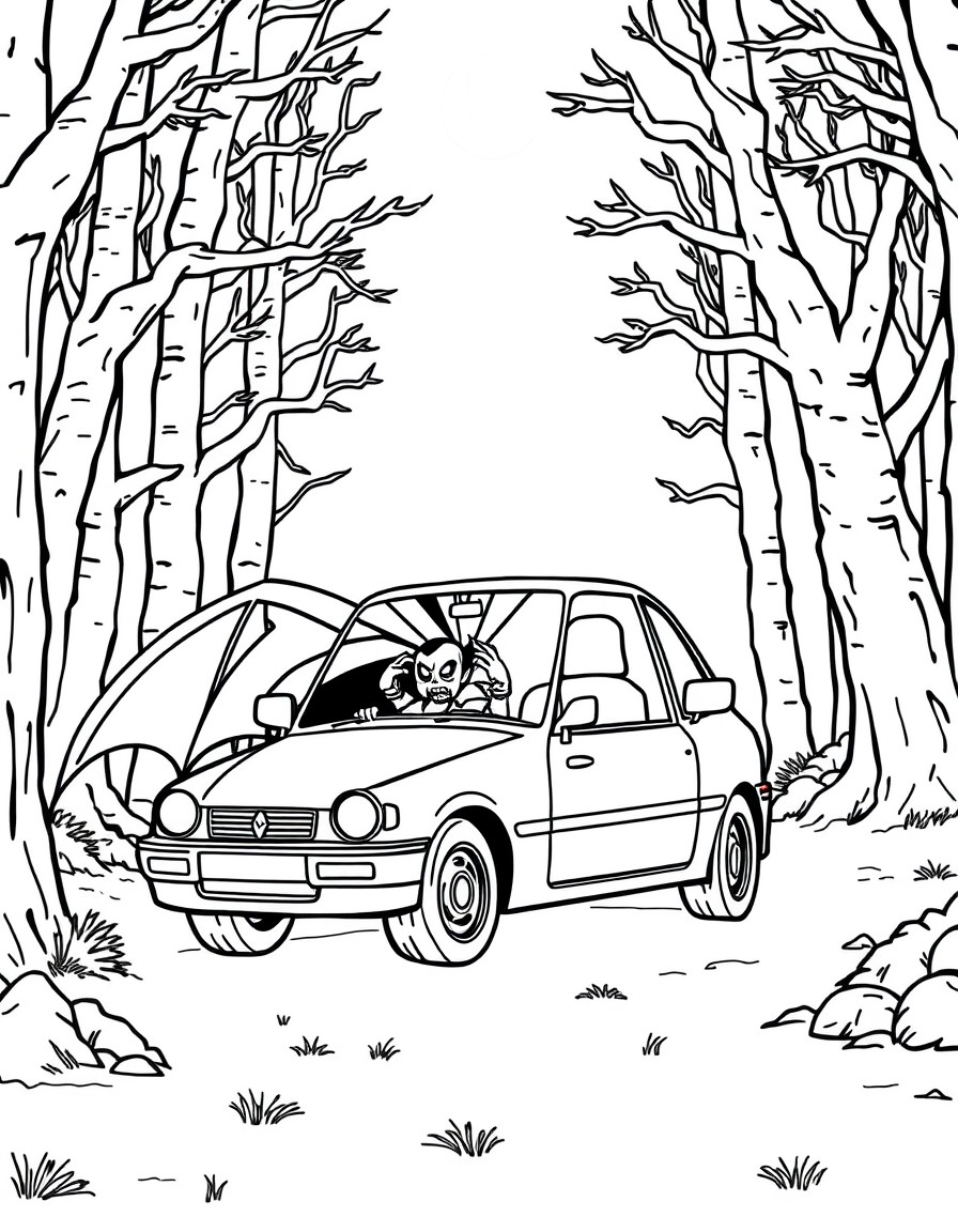 A vampire driving a car parked at night in the woods.