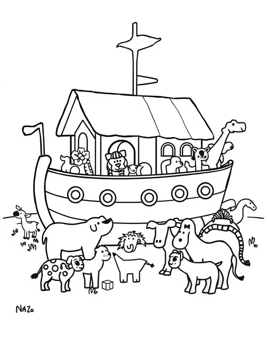 cute Noahs Ark with animals around it