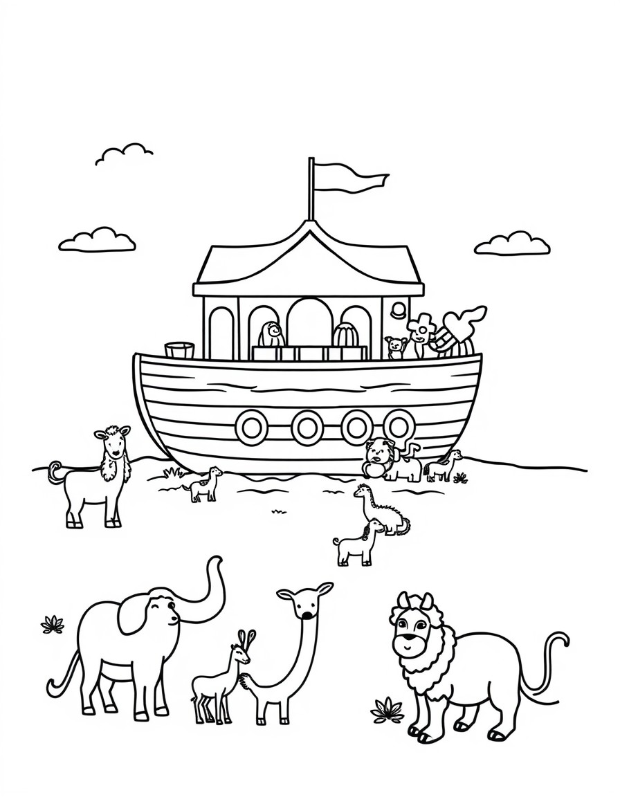 cute Noahs Ark with animals around it