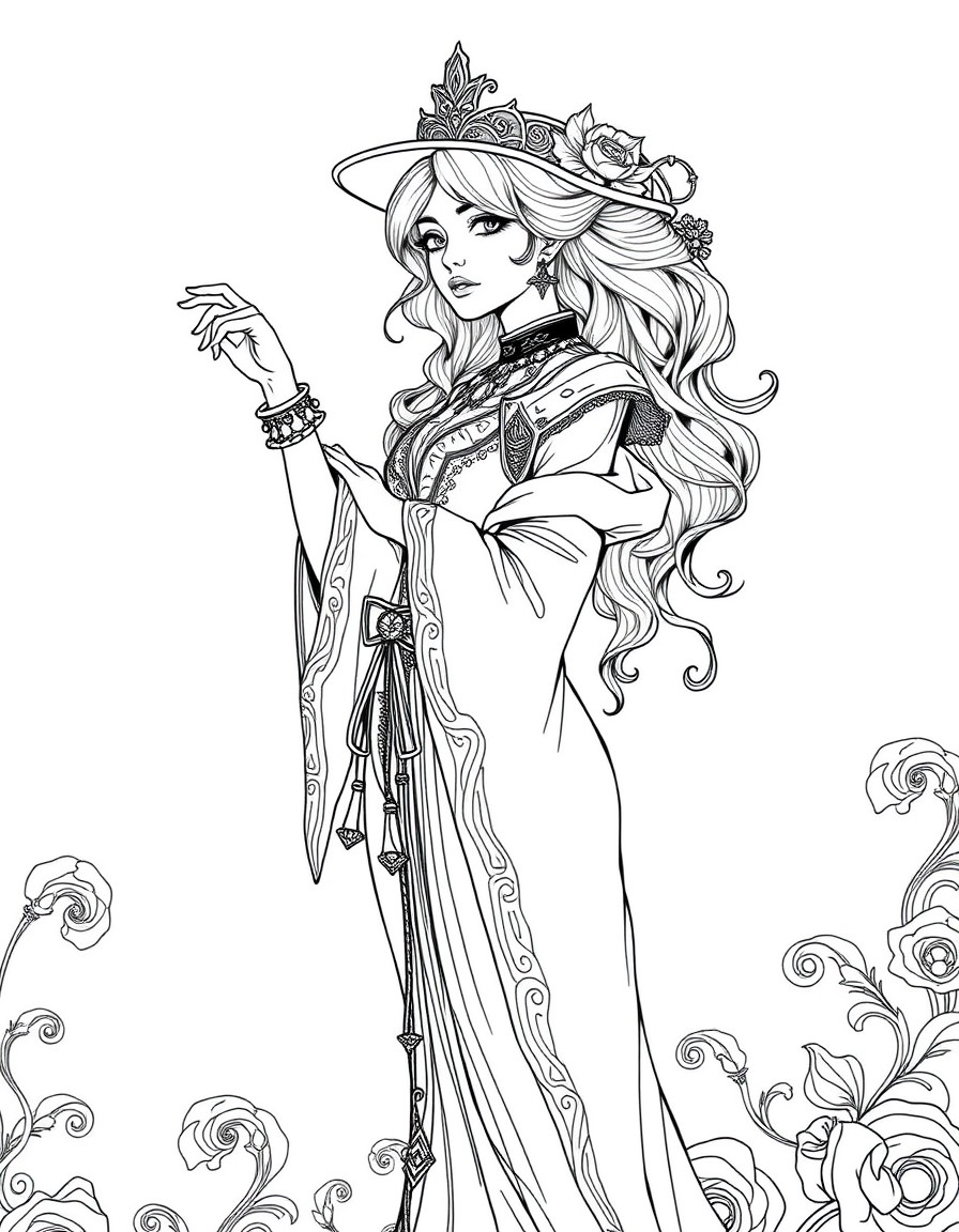 "A highly detailed black line-art illustration resembling an adult Japanese  manga combined with Art Nouveau aesthetics. The subject is a tall, sensual  young female magician, drawn with a sophisticat