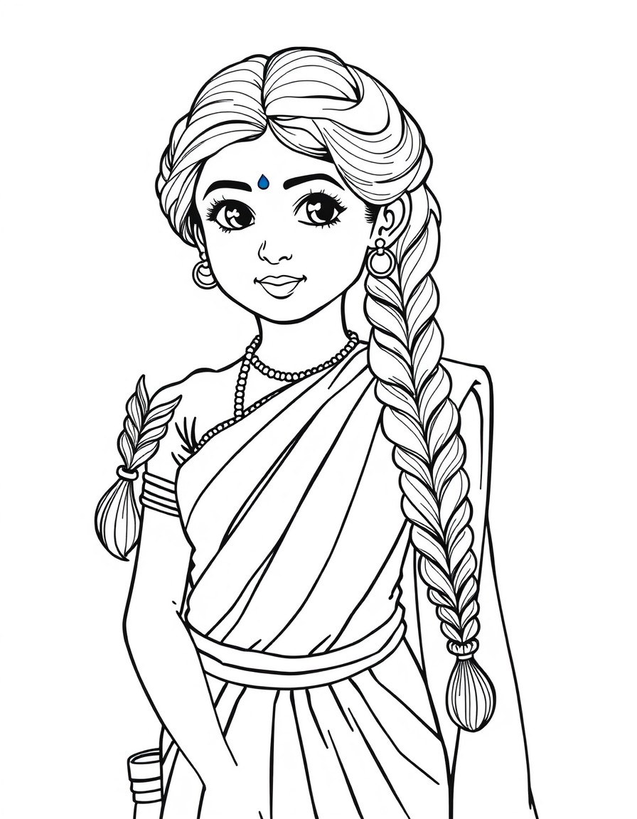 a young telugu traditional girl wearing saree with long braid hairstyle